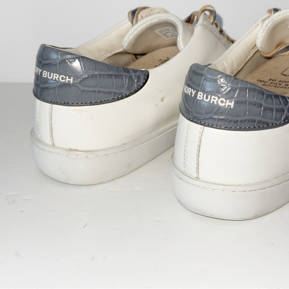 Tory Burch Leigh T-Logo Sneaker White/Gray Croc Sz 9 Athleisure Casual Everyday - Picture 5 of 14